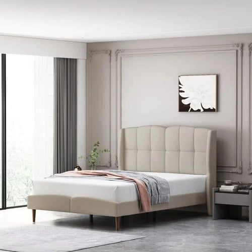 سرير كافيندش منجد بقماش مخمل باللون البيج