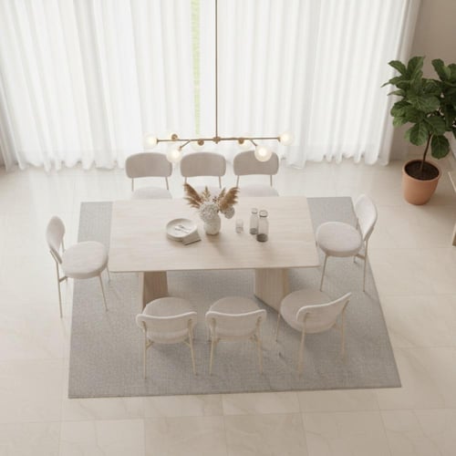 طاولة طعام لياندرا خشب بيج مع 8 كراسي قماش كريمي ب...