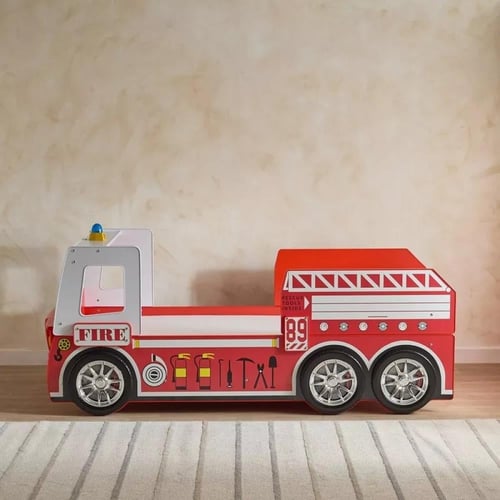 سرير أطفال فردي خشب هندسي احمر بتصميم شاحنة إطفاء...