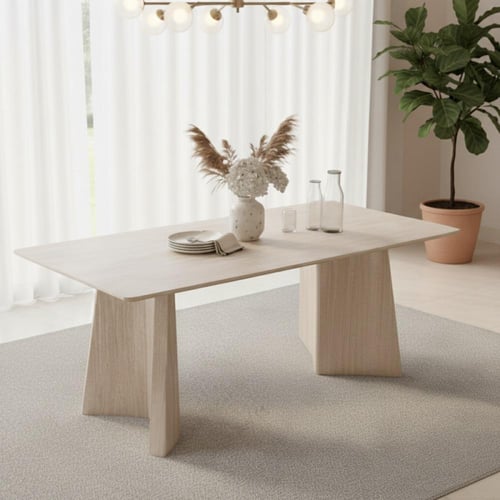 طاولة طعام لياندرا خشب بيج مع 6 كراسي قماش كريمي ب...