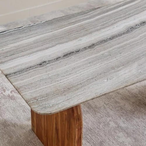 طاولة سفرة مستطيلة بسطح رخام طبيعي و قاعدة خشب ل 6...