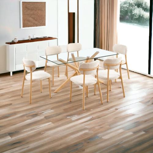 طاولة طعام زجاج بأرجل معدن 6 كرسي قماش بيج - من جي...