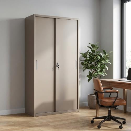 دولاب مكتبي روزا سحاب درفتين 5 رفوف حديد - بيج