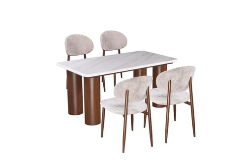 طاولة طعام بيليندا سطح رخام قاعدة معدن بني مع 4 كر...