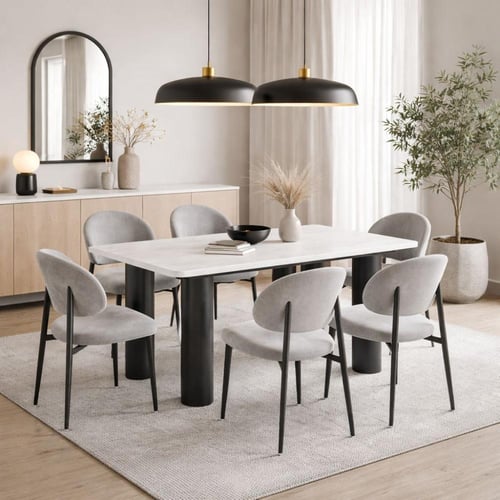 طاولة طعام بيليندا سطح رخام قاعدة معدن اسود مع 6 ك...