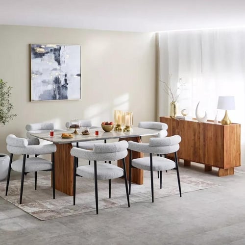 طاولة سفرة مستطيلة بسطح رخام طبيعي و قاعدة خشب ل 6...