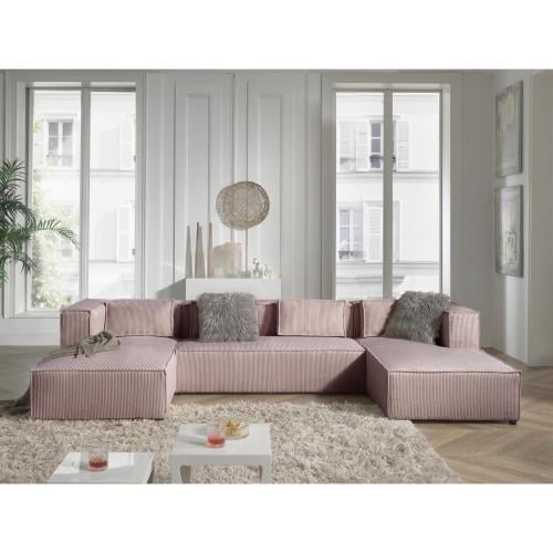 كنبة زاوية ستيلا على شكل حرف U قماش مخملي لون بيج