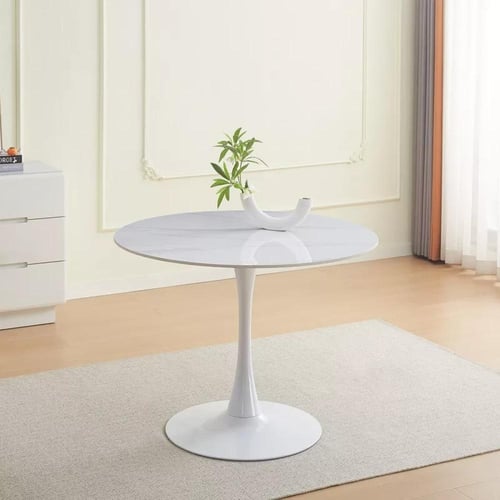 طقم طاولة سفرة مستديرة حجر ملبد بقاعدة معدن ابيض م...