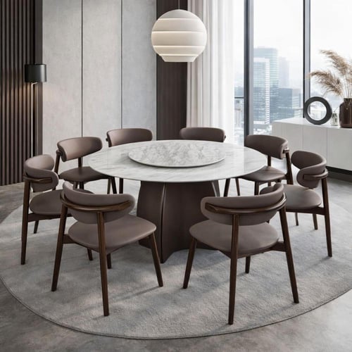 طاولة طعام إلفيرا مستديرة سطح رخام و قاعدة خشب بني...