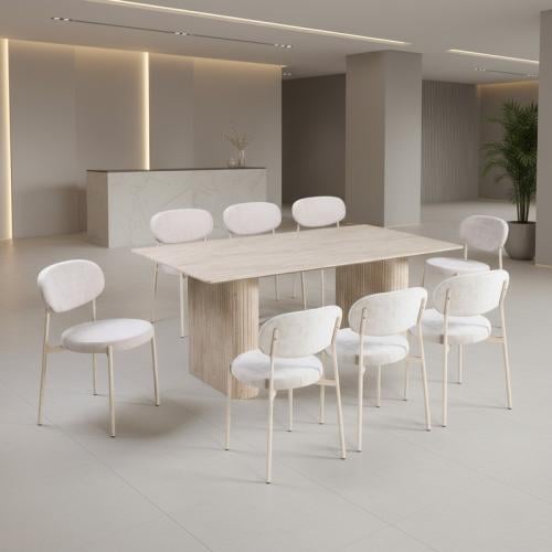 طاولة طعام بيانكا خشب بيج مع 8 كراسي قماش كريمي فا...
