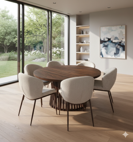 طقم طاولة طعام فيلورا طاولة مستديرة خشب بني مع 6 ك...