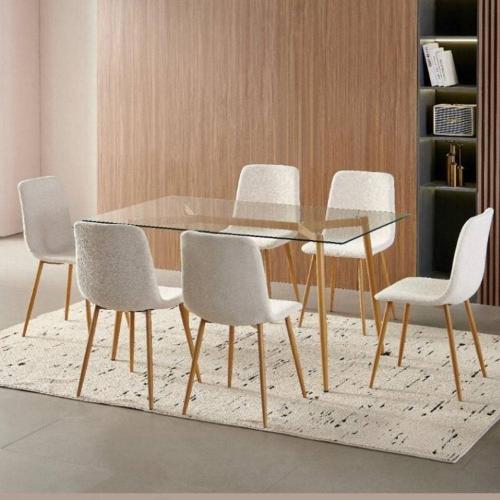 طاولة طعام رومي سطح زجاج مستطيل براجل خشب مع 6 كرا...