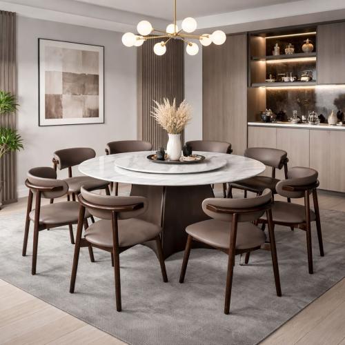 طاولة طعام إلفيرا مستديرة سطح رخام و قاعدة خشب بني...