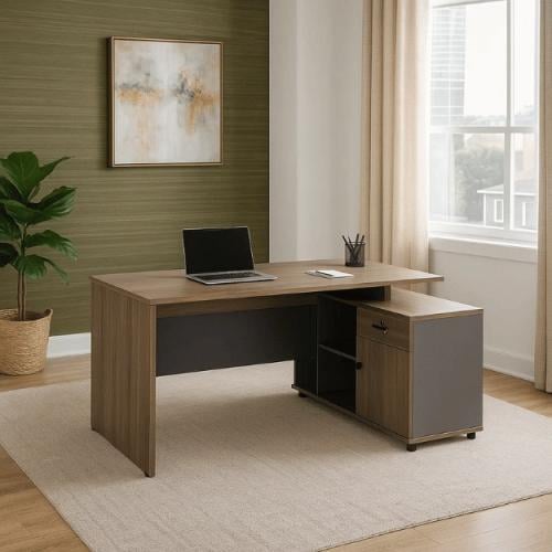 مكتب ماستر خشب بتصميم عملي - لون خشبي و رمادي