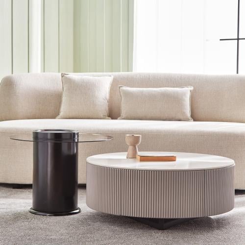 طقم طاولات قهوة أكرا من الحجر الملبد بقاعدة خشب -...