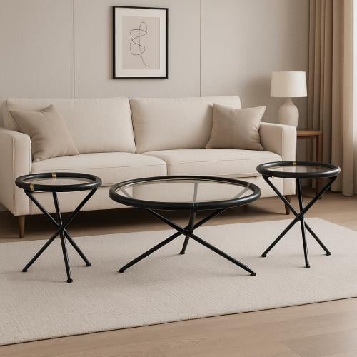 طقم طاولات سيورا مودرن – 3 قطع خشب وزجاج