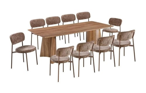 طاولة طعام لياندرا خشب بني مع 10 كراسي قماش بني فا...