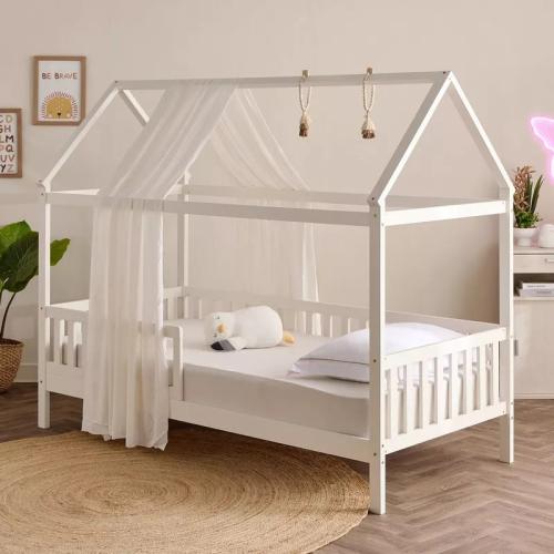 سرير أطفال مع سياج فردي خشب ابيض مصمم علي شكل منزل...