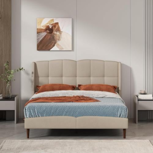 سرير كافيندش منجد بقماش مخمل باللون البيج