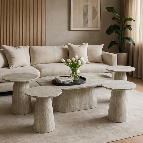 طقم طاولات 5 قطع أنيق بتصميم دائري عصري ولون رمادي...