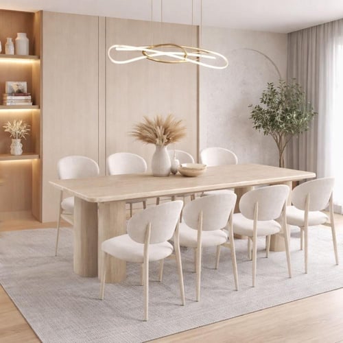 طاولة طعام بيليندا سطح رخام قاعدة معدن بيج فاتح مع...