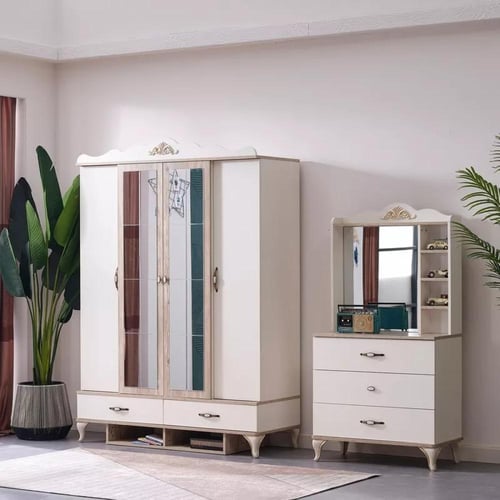 طاولة تزيين بمرآة و 3 أدراج ومساحة تخزين وأرفف من...