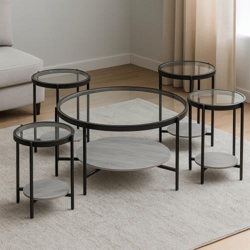 طقم طاولات لامار زجاج x خشب باللون الرمادي - 5 حبة