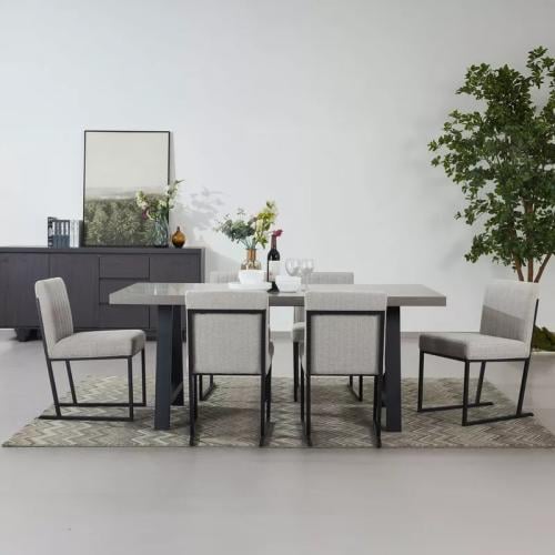 طقم طاولة سفرة بتصميم A خشب هندسي مع 6 كراسي قماش...