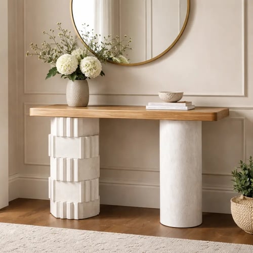 كونسول روفل بتصميم عصري يجمع بين سطح خشبي دافئ وقو...