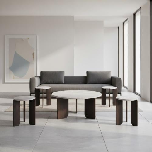 طقم طاولات ألبرتا 5 قطع خشب سطح كريمي و قاعدة بني