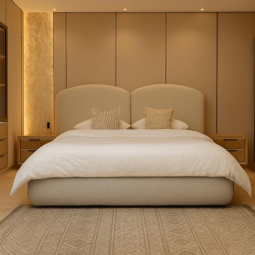 سرير فينيسيا منجد بالكامل قماش بوكليه ناعم لون بيج