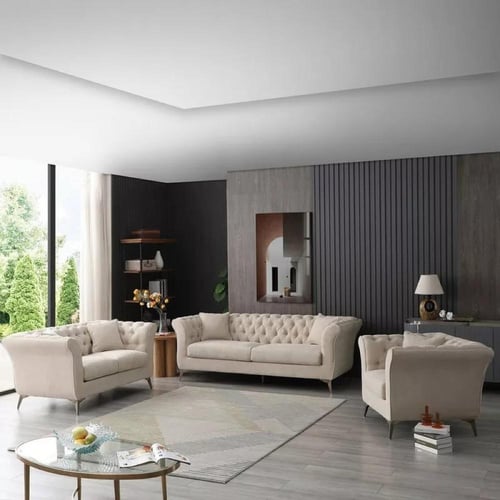 كنبة آريا 3 مقاعد مع وسادتين قماش مخملي لون بيج با...