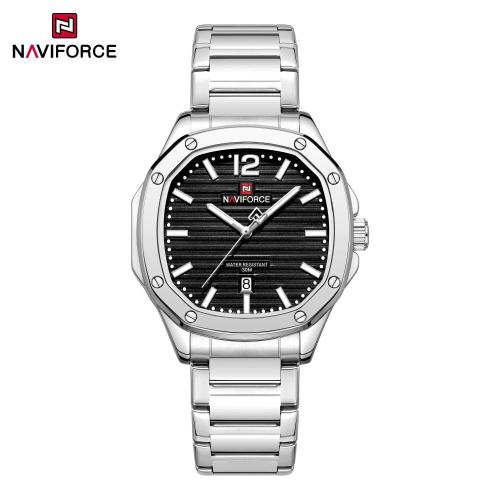 ساعة رجالية NAVIFORCE فضية بقرص أسود أنيق