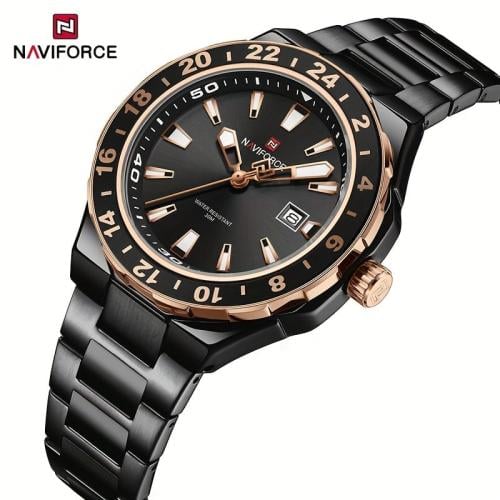 ساعة رجالية NAVIFORCE سوداء بقرص أسود ومؤشرات ذهبي...