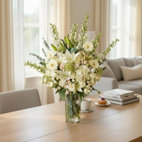 فازة ورد طبيعي فاخرة بتنسيق احترافي متعدد الأصناف