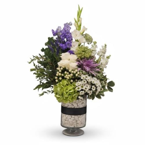 فازة ورد طبيعي فاخر جلاديولس ودلفينيوم وبيبي كريز...