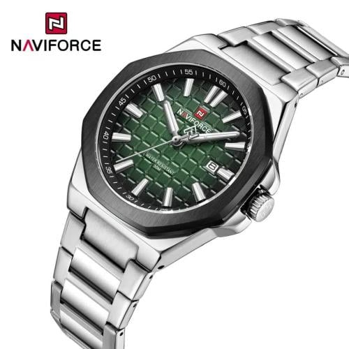 ساعة رجالية NAVIFORCE فضية بمينا أخضر أنيق وإطار أ...