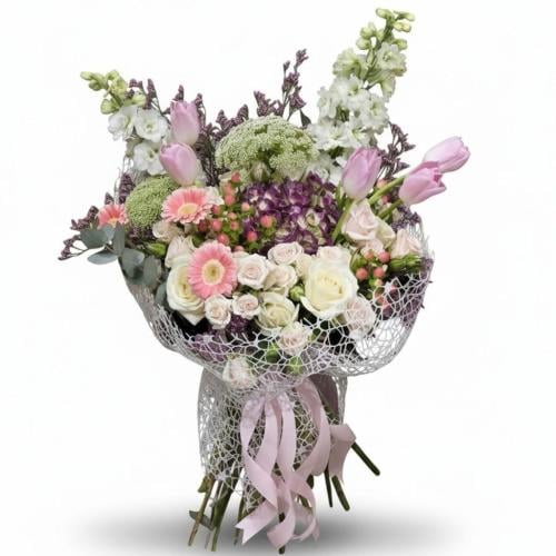 باقة ورد طبيعي فاخرة دلفينيوم وتوليب مع هيدرنجا |...