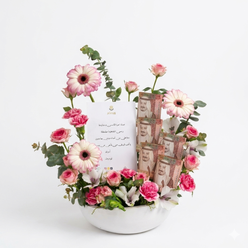 Natural flower arrangement with cash on hand with...