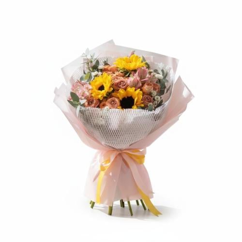 باقة ورد طبيعي فاخرة بزهور دوار الشمس والكريز الهو...