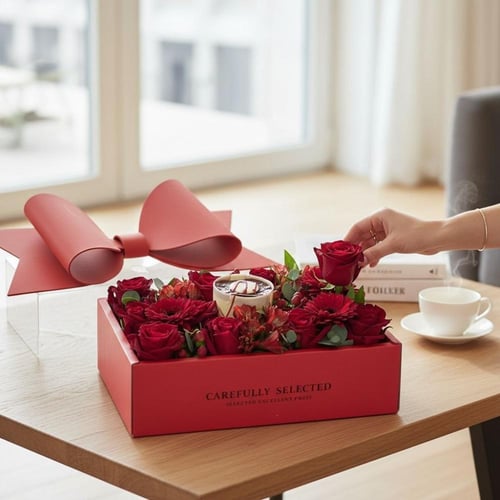 بوكس ورد طبيعي فاخر مع كيكة تنسيق راقي وتوصيل سريع