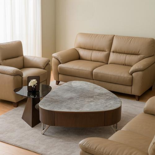 طاولات رخام وخشب مع طاولات خدمة زجاج