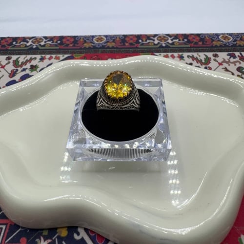 خاتم فضة رجالي - حجر سيترين طبيعي - صياغة تركية بن...