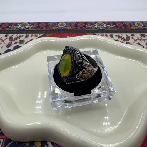 خاتم فضة رجالي - حجر زبرجد طبيعي ملكي - صياغة تركي...