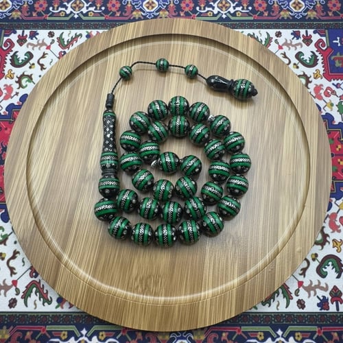 سبحة يسر أصلي – حجر ملاكايت أخضر طبيعي – مطعّمة بف...