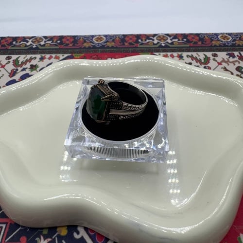 خاتم فضة رجالي - حجر عقيق زيتي طبيعي - صياغة تركية...