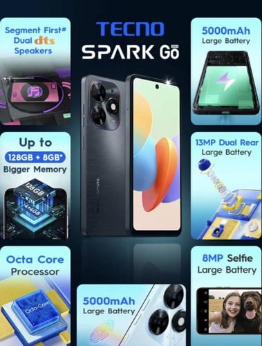 تكنو سبارك جو 2024 ذاكرة 128 جيجا 4+4 رام أسود