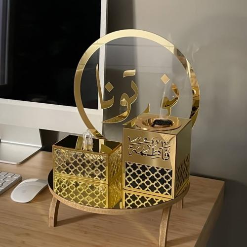 طقم مبخرة استقبال اكريلك ذهبي – مع علبة وصحن خلفي...