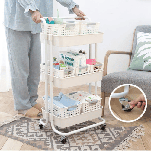 عربة منظمة بسلات بلاستيكية ابيض