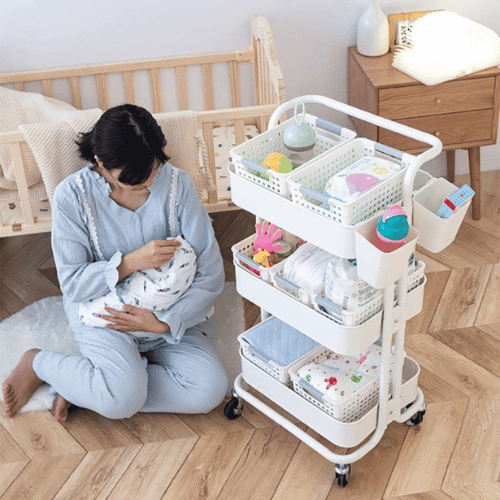 عربة منظمة بسلات بلاستيكية ابيض